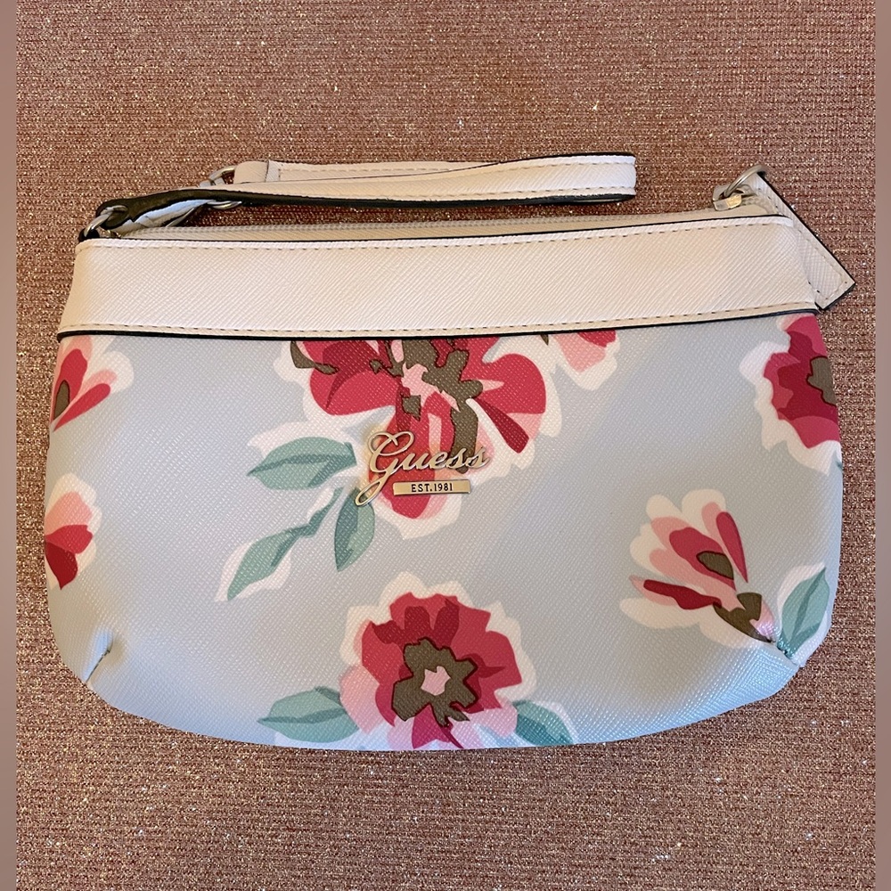 Guess Light Blue Floral Wristlet with Pink Flowers and Gold Hardware
